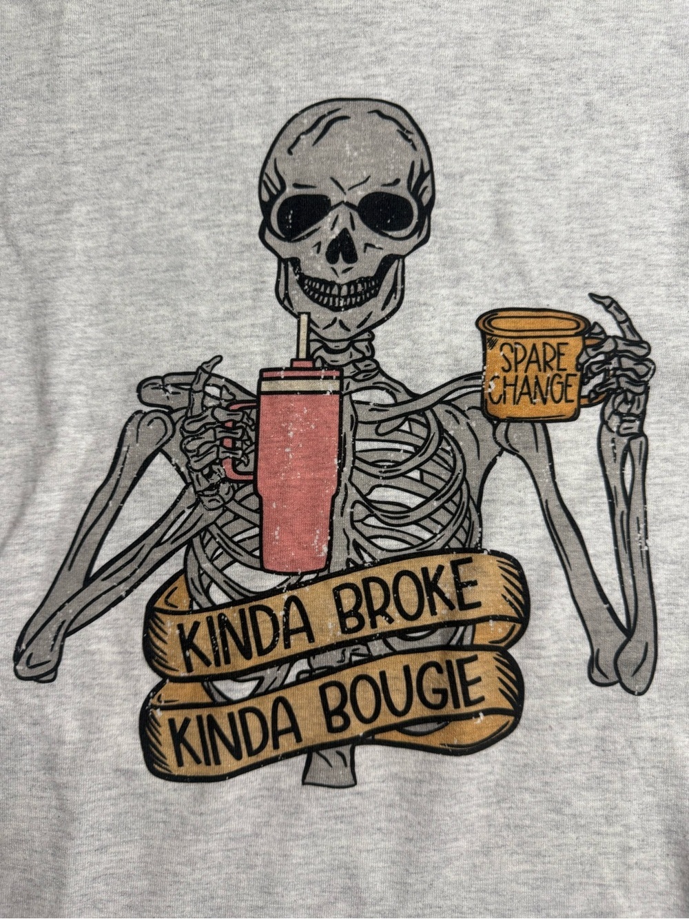 Gildan Light Gray Tee with Skeleton 'Kinda Broke Kinda Bougie' Graphic - Picture 5 of 7